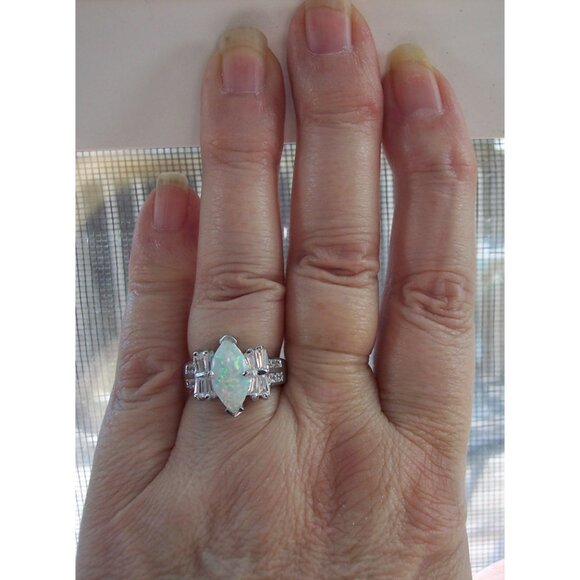 925 STERLING SILVER Marquise Lab Created White Fire Opal & CZ Ring - Picture 12 of 14